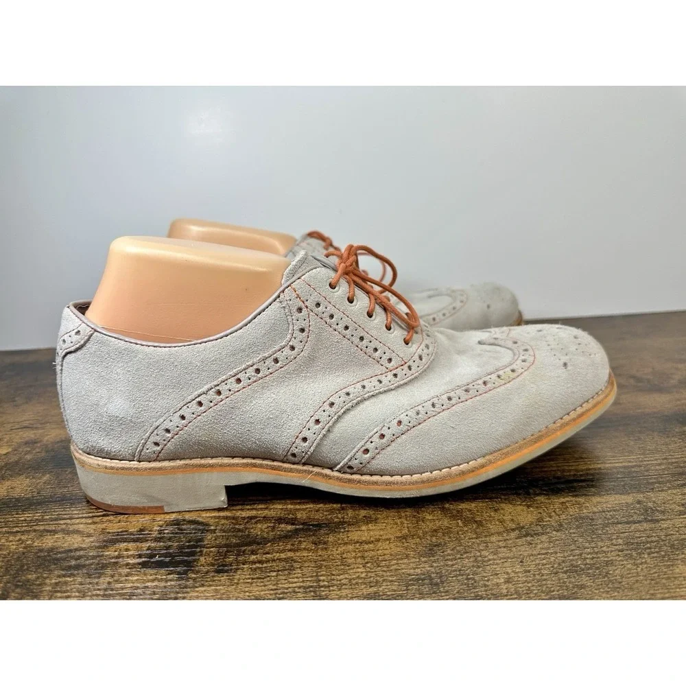 Johnston & Murphy Mens 10M Suede Wingtip Oxford Shoes Gray Sheepskin Lace Up